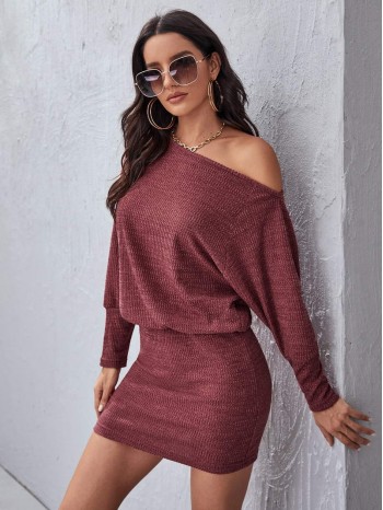 Asymmetrical Neck Rib-knit Blouson Dress