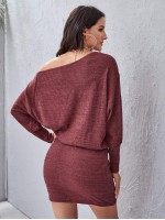 Asymmetrical Neck Rib-knit Blouson Dress