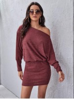 Asymmetrical Neck Rib-knit Blouson Dress