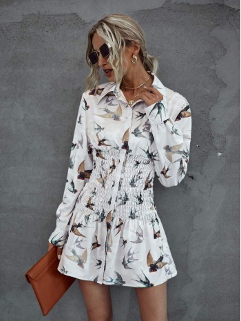 Allover Bird Print Shirred Waist Shirt Dress