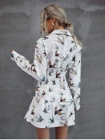 Allover Bird Print Shirred Waist Shirt Dress