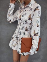 Allover Bird Print Shirred Waist Shirt Dress