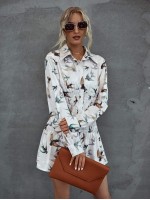 Allover Bird Print Shirred Waist Shirt Dress