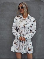 Allover Bird Print Shirred Waist Shirt Dress