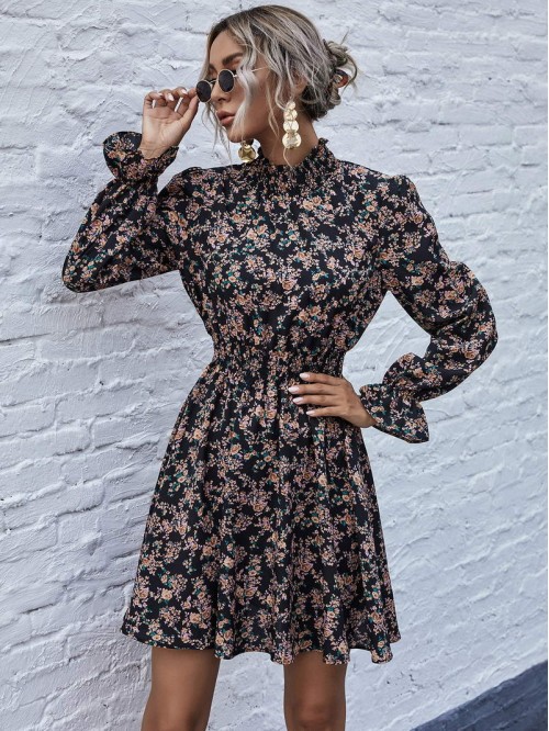 Allover Floral Print Shirred Waist A-line Dress