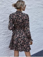 Allover Floral Print Shirred Waist A-line Dress