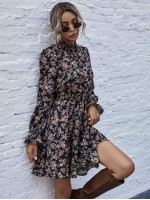 Allover Floral Print Shirred Waist A-line Dress