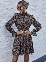 Allover Floral Print Shirred Waist A-line Dress