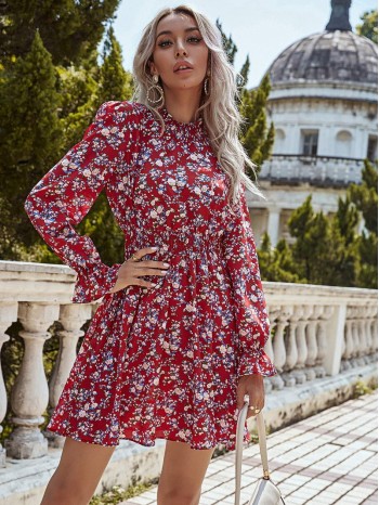 Allover Floral Print Shirred Waist A-line Dress