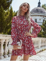 Allover Floral Print Shirred Waist A-line Dress