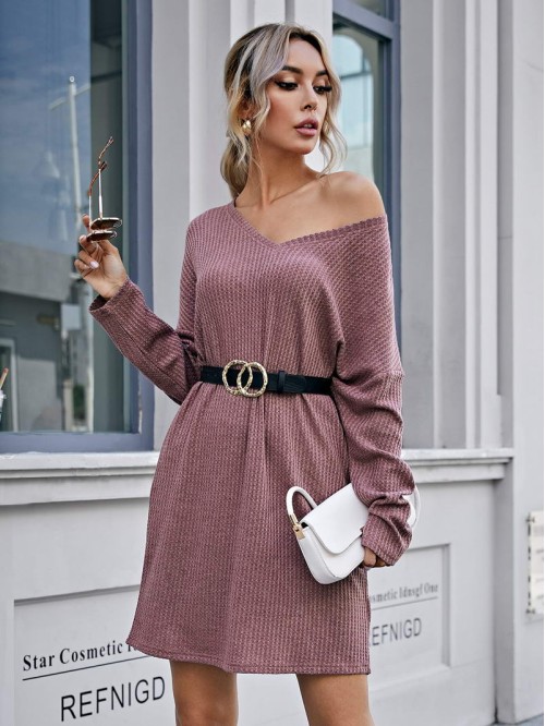 Waffle Knit Drop Shoulder Dress Without Belt