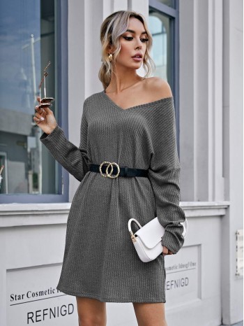 Waffle Knit Drop Shoulder Dress Without Belt