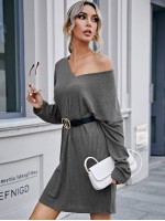 Waffle Knit Drop Shoulder Dress Without Belt