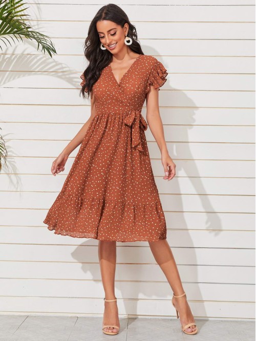 Allover Print Side Knot Ruffle Hem Dress