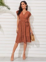 Allover Print Side Knot Ruffle Hem Dress