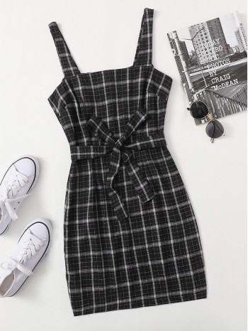 Zip Back Belted Plaid Cami Dress