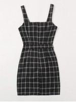 Zip Back Belted Plaid Cami Dress