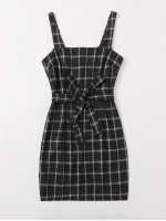 Zip Back Belted Plaid Cami Dress