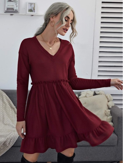 V-neck Frill Trim Flounce Hem Waffle Knit Dress