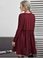 V-neck Frill Trim Flounce Hem Waffle Knit Dress