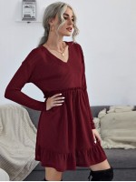 V-neck Frill Trim Flounce Hem Waffle Knit Dress