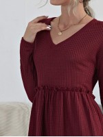 V-neck Frill Trim Flounce Hem Waffle Knit Dress