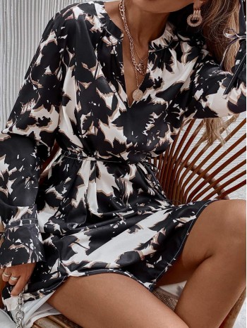 Allover Leaf Print Notched Neck Belted Dress