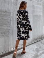 Allover Leaf Print Notched Neck Belted Dress