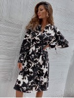 Allover Leaf Print Notched Neck Belted Dress