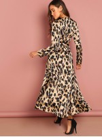 Wrap Neckline Self Belt Satin Leopard Dress