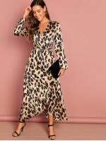 Wrap Neckline Self Belt Satin Leopard Dress