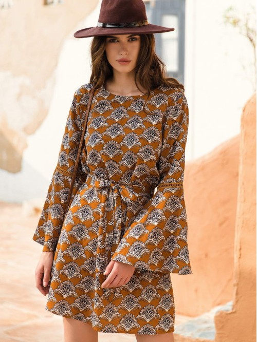 Bell Sleeve Belted Allover Print Dress