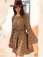 Bell Sleeve Belted Allover Print Dress