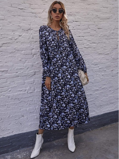 Allover Floral Tie Front Smock Dress