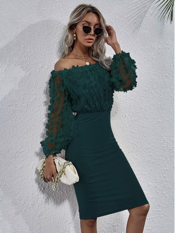 Bardot Appliques Mesh Sleeve Fitted Dress