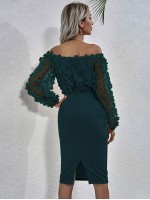 Bardot Appliques Mesh Sleeve Fitted Dress