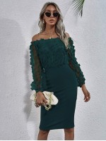 Bardot Appliques Mesh Sleeve Fitted Dress