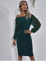 Bardot Appliques Mesh Sleeve Fitted Dress