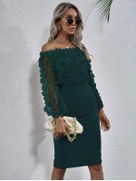 Bardot Appliques Mesh Sleeve Fitted Dress