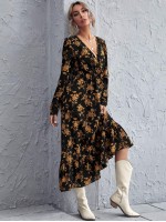 Allover Floral Print Surplice Neck Dress Without Belt