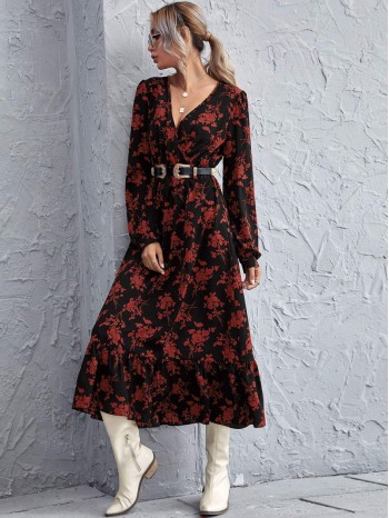 Allover Floral Print Surplice Neck Dress Without Belt