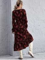 Allover Floral Print Surplice Neck Dress Without Belt