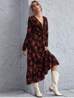 Allover Floral Print Surplice Neck Dress Without Belt