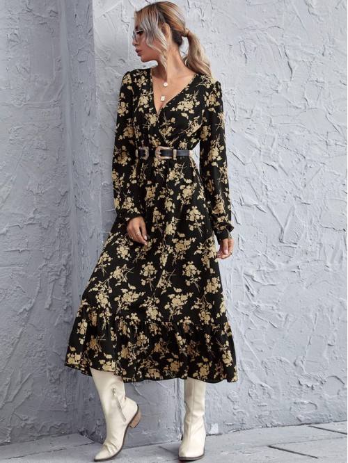 Allover Floral Print Surplice Neck Dress Without Belt