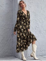 Allover Floral Print Surplice Neck Dress Without Belt