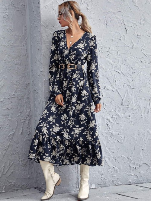 Allover Floral Print Surplice Neck Dress Without Belt