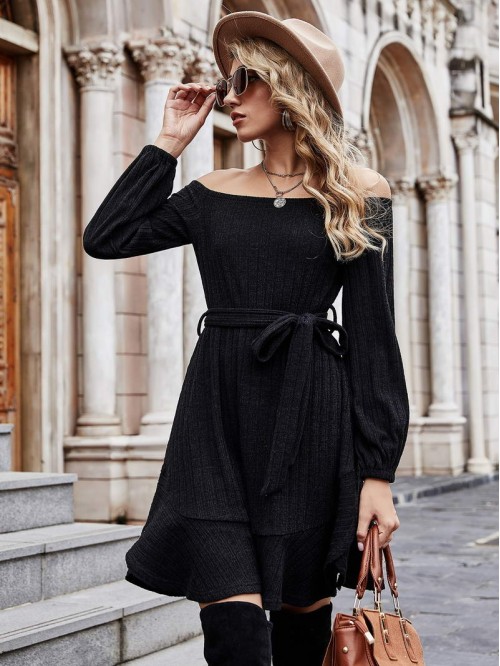 Bardot Ruffle Hem Belted Dress