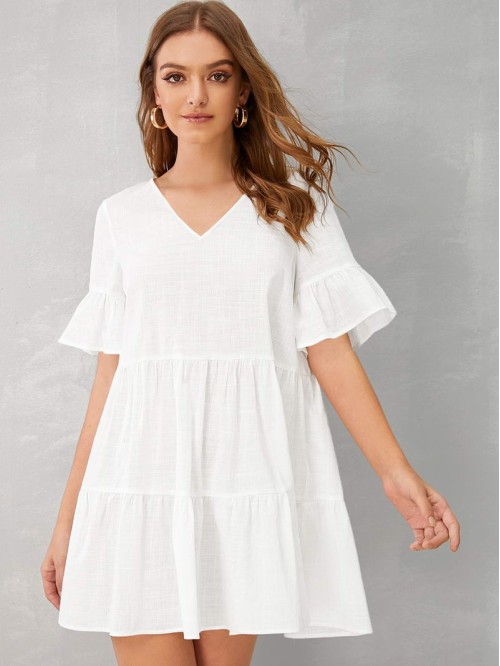 V-neck Layered Ruffle Hem Babydoll Dress