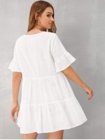 V-neck Layered Ruffle Hem Babydoll Dress