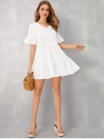 V-neck Layered Ruffle Hem Babydoll Dress